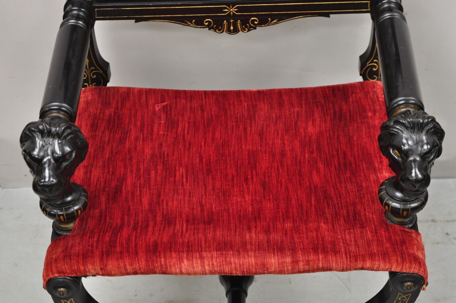 Antique Victorian Aesthetic Movement Ebonized Curule Throne Arm Chair with Lions