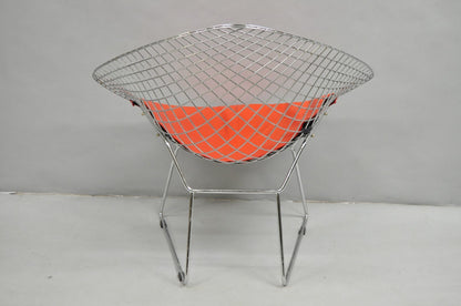 Knoll Style Bertoia Chrome Wire Metal Diamond Lounge Chair With Red Cushion