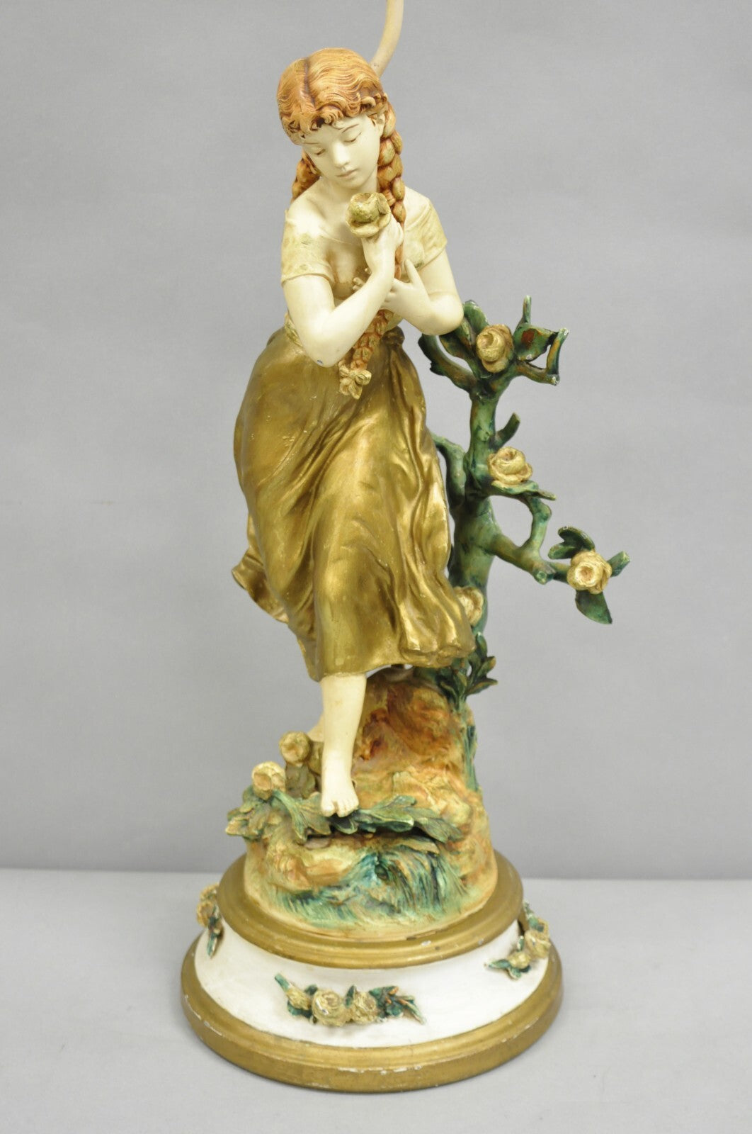 Antique L&F Moreau Spelter Metal Painted Figural "Young Girl" Table Lamp