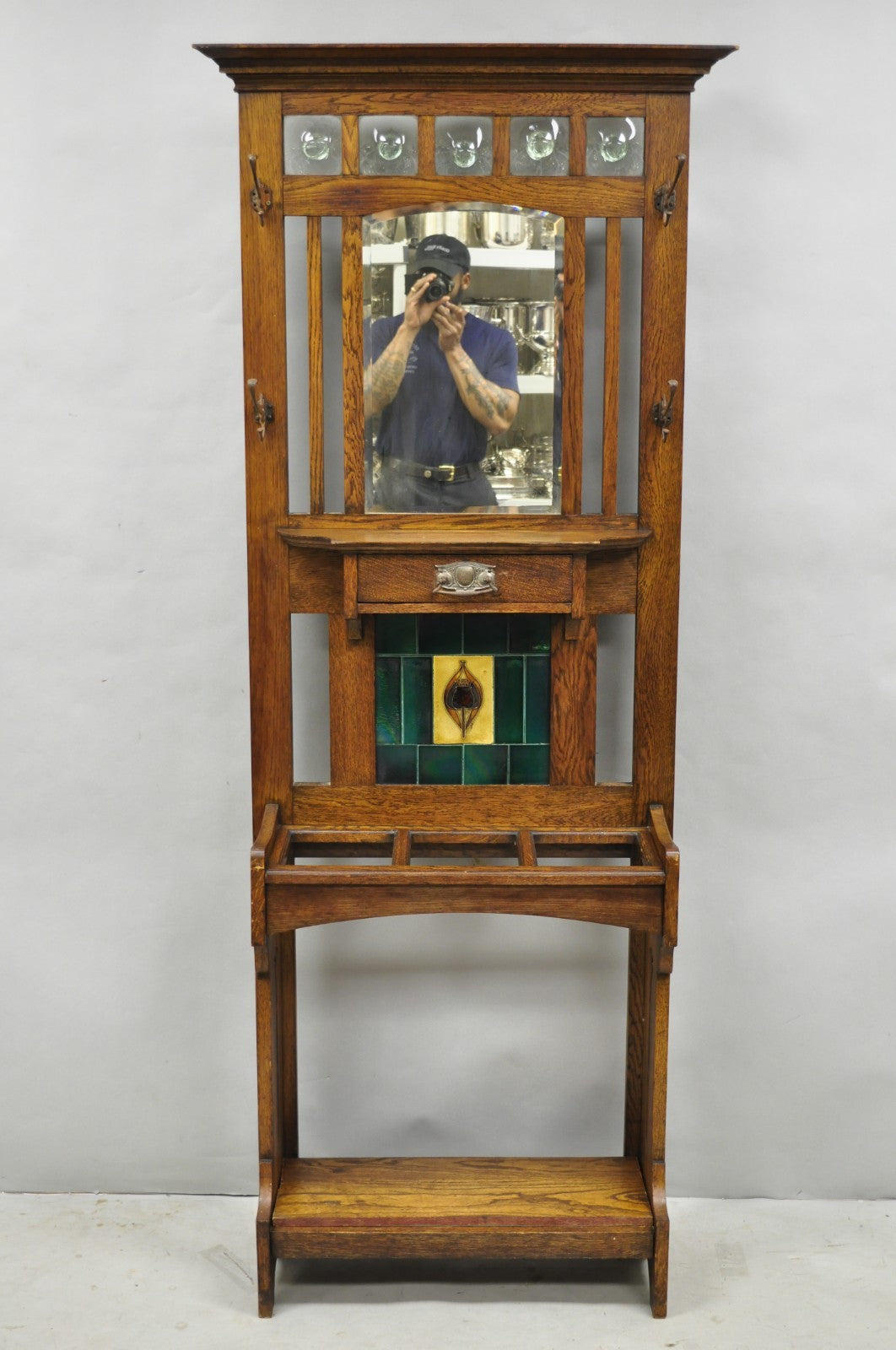 Antique English Art Nouveau Oak & Green Tile Coat Rack Umbrella Stand Hall Tree