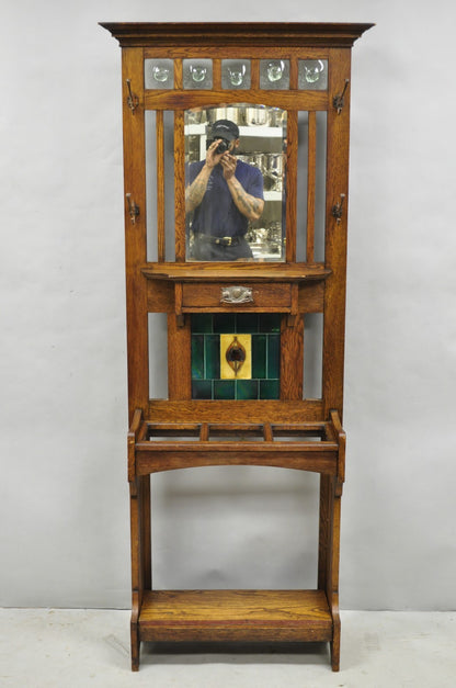 Antique English Art Nouveau Oak & Green Tile Coat Rack Umbrella Stand Hall Tree