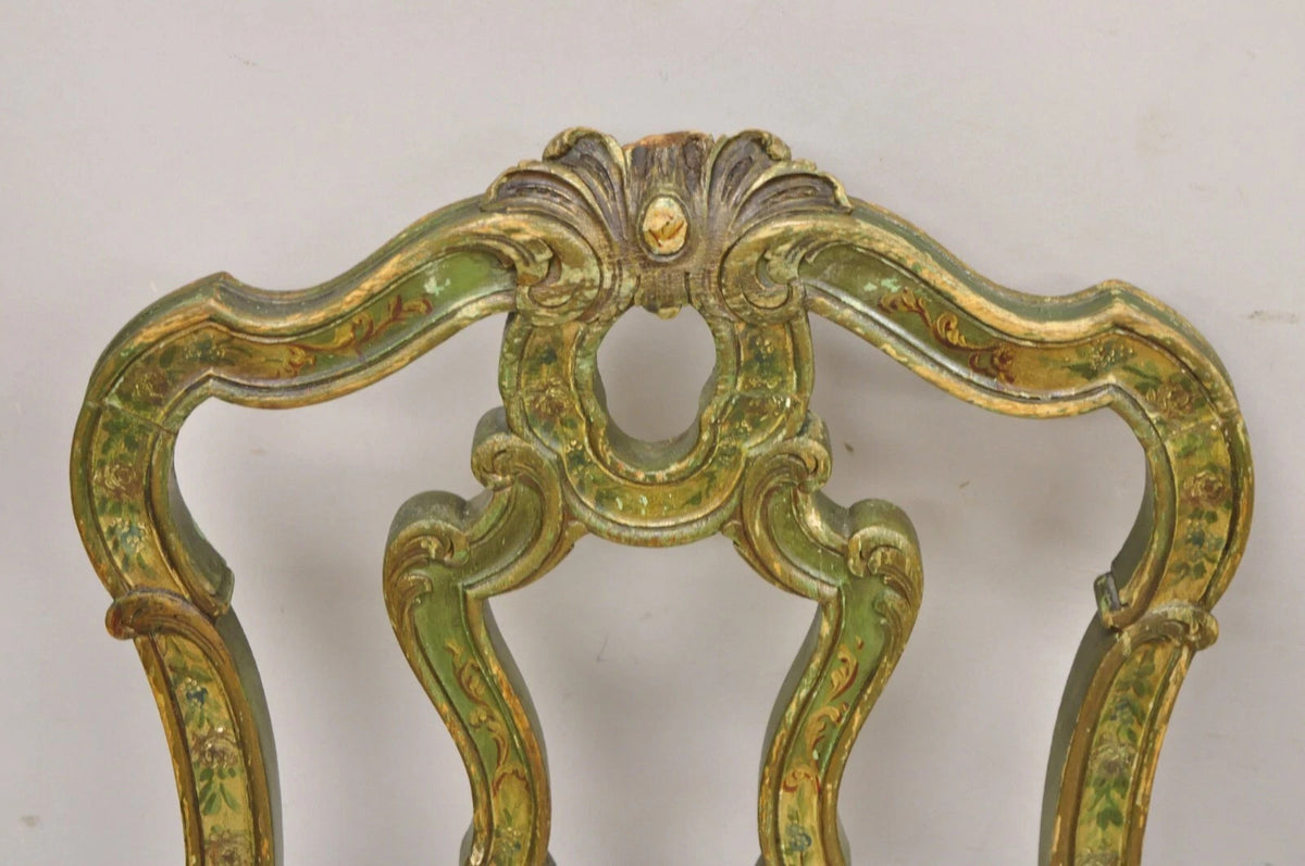 Antique Italian Venetian Green Floral Hand Painted Dining Side Chairs - Set of 4