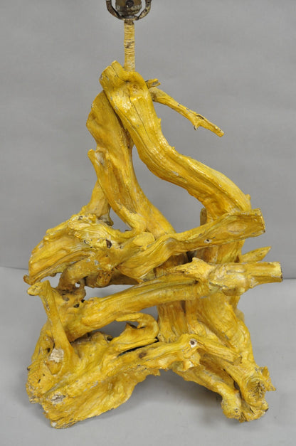 Vintage Mid Century Modern Large Driftwood Yellow Painted Tiki Room Table Lamp