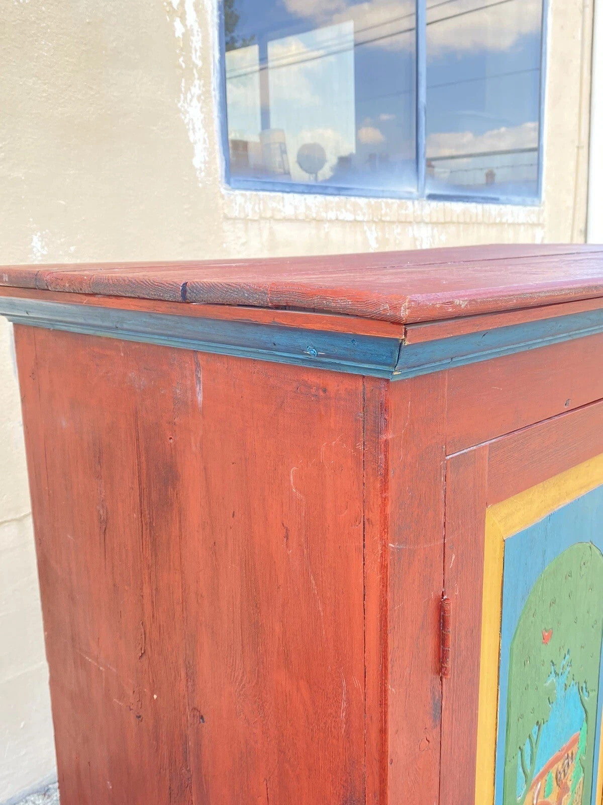 Country Farmhouse Red & Blue Forest Carved Wardrobe TV Entertainment Cabinet
