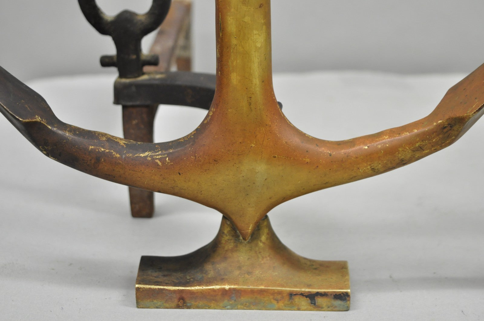 Antique Nautical Figural Ship Anchor Brass Fireplace Andirons w/ Patina - a Pair