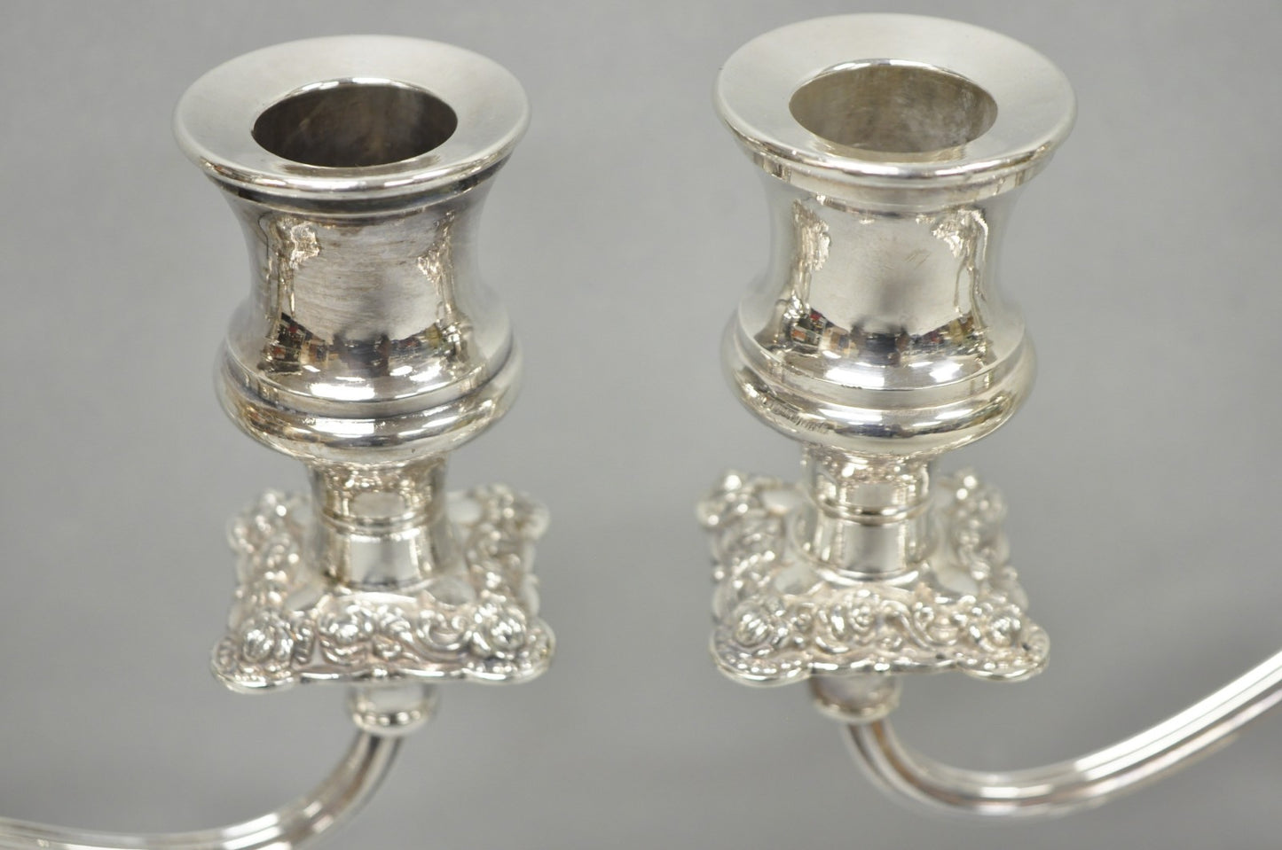 Antique E.G. Webster Victorian Silver Plated Scrolling 3 Arm Candelabra - a Pair