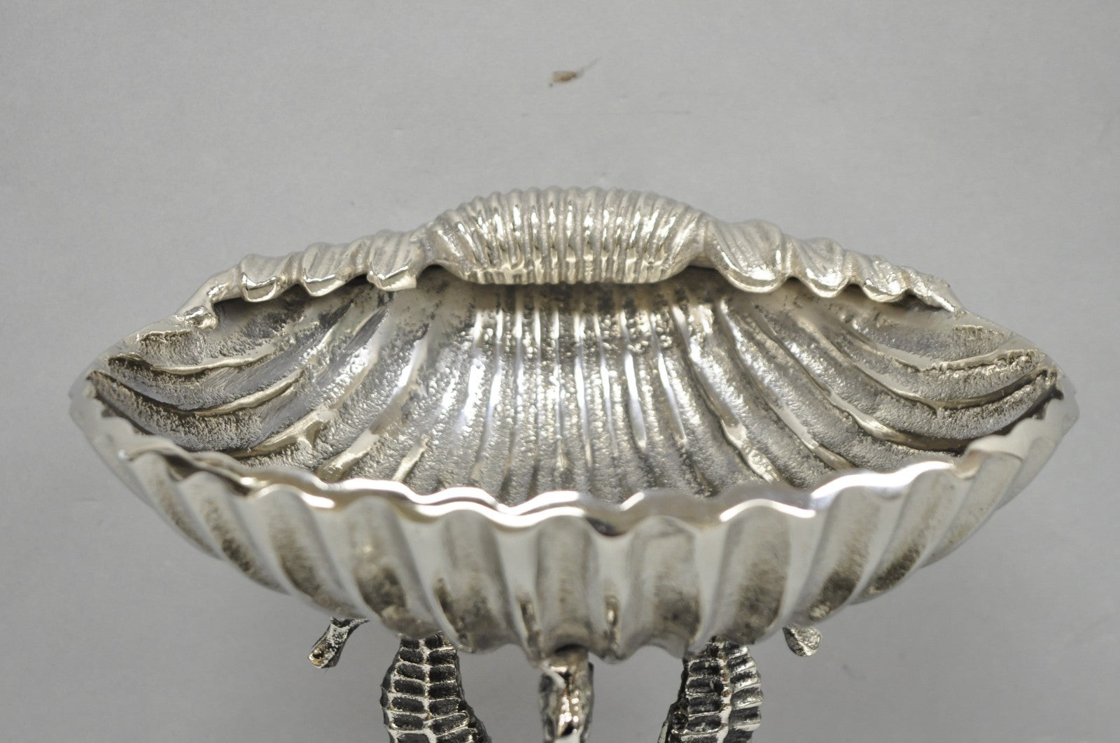 Decorative Nautical Silver Plated Seahorse Clamshell Pedestal Compote Candy Dish