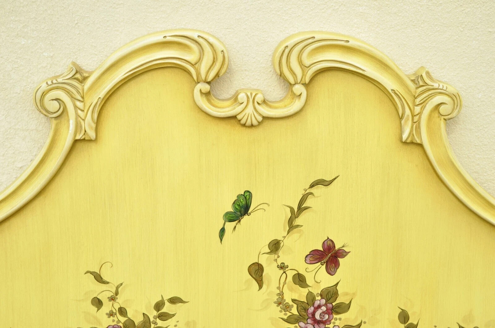 Vintage Chinoiserie Yellow Painted King Size Bed Headboard by Union National