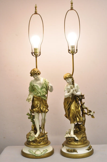 Vintage French Renaissance Moreau Metal Boy and Girl Figural Table Lamp - a Pair