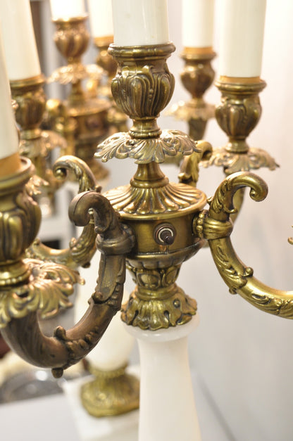 Vintage French Empire Alabaster Column Brass Metal Candelabra Table Lamps - Pair