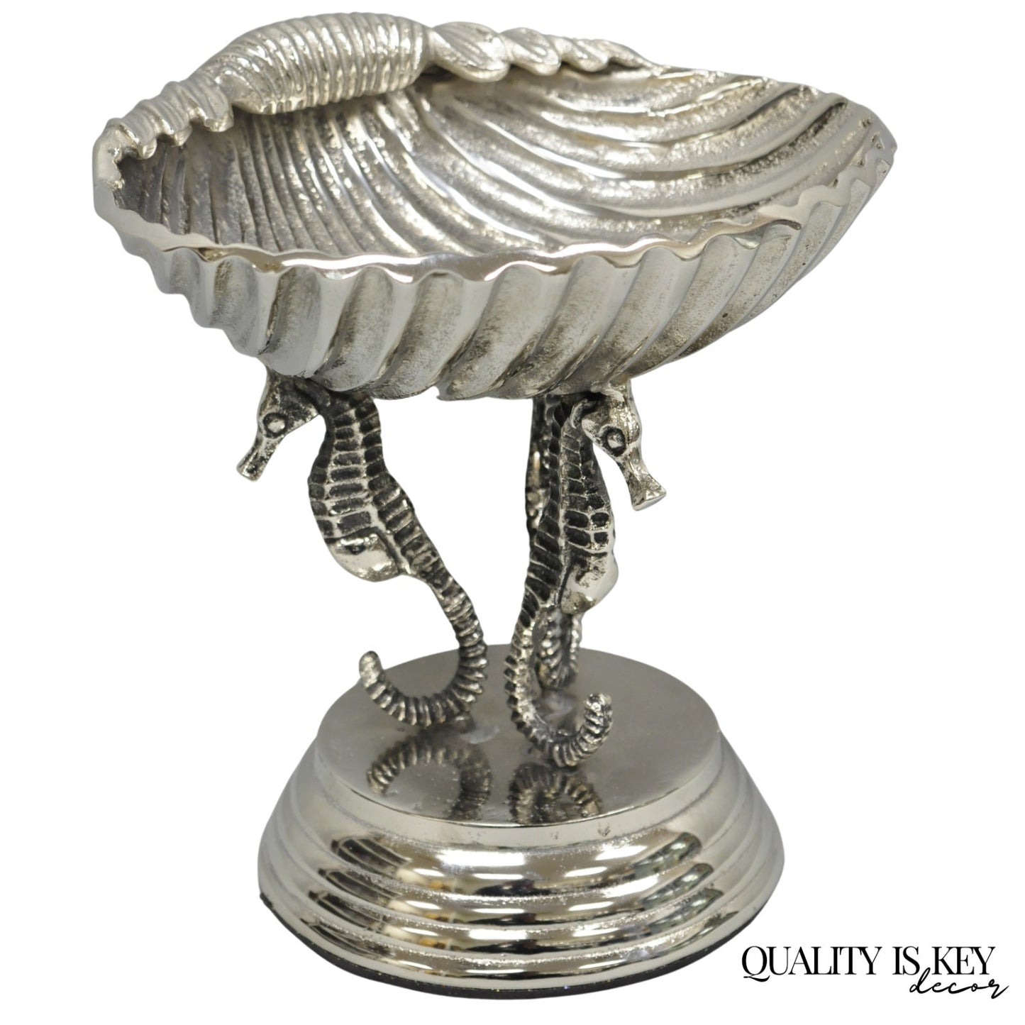 Decorative Nautical Silver Plated Seahorse Clamshell Pedestal Compote Candy Dish
