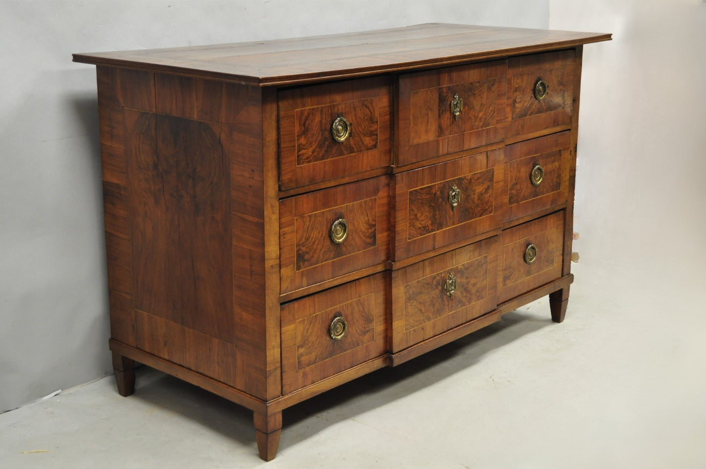 Antique Italian Biedermeier Burr Walnut 3 Drawer Commode Dresser Chest of Drawer