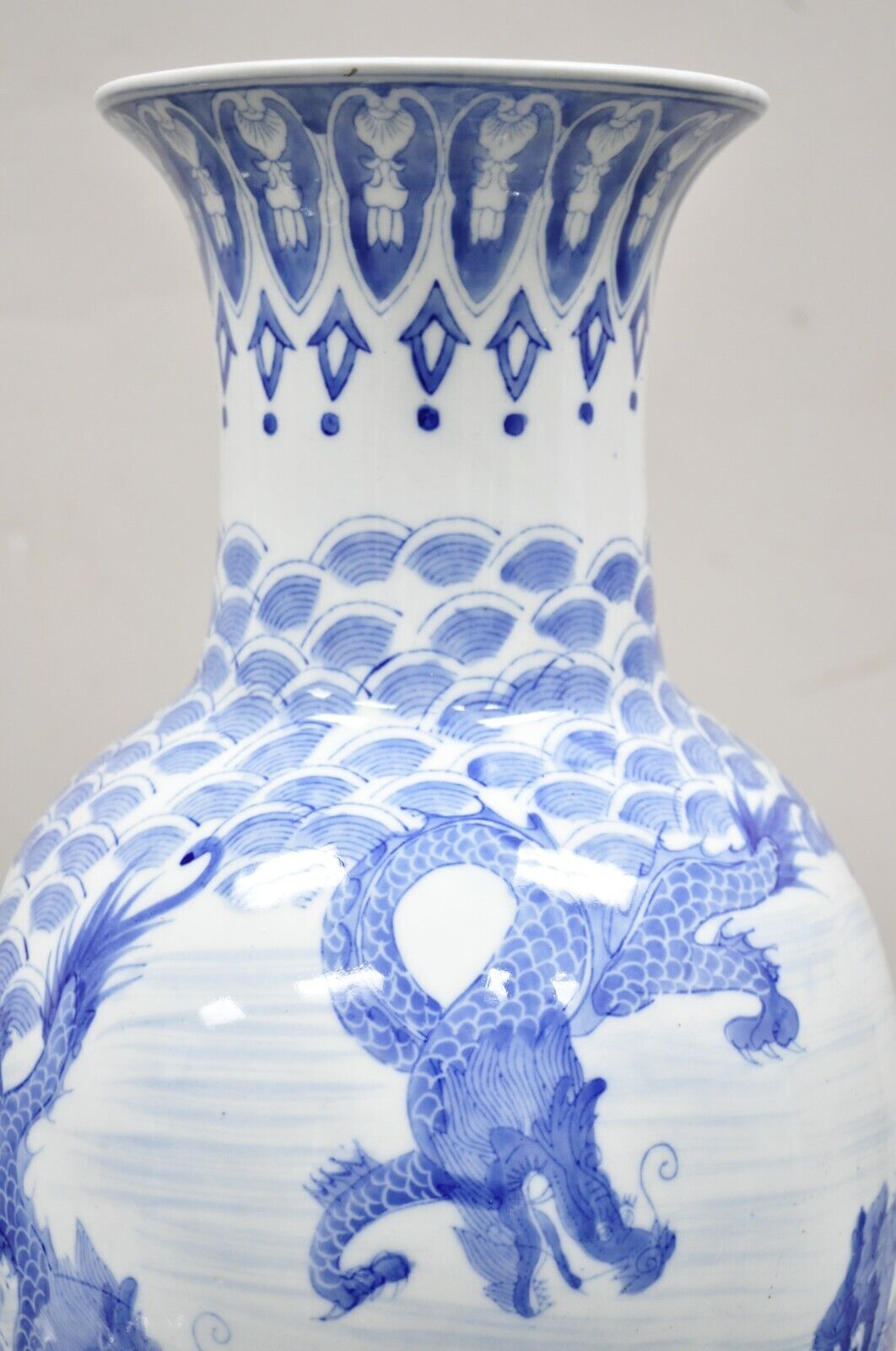 Vintage Blue and White Delf Style Porcelain Chinese Export 25" Tall Dragon Vase