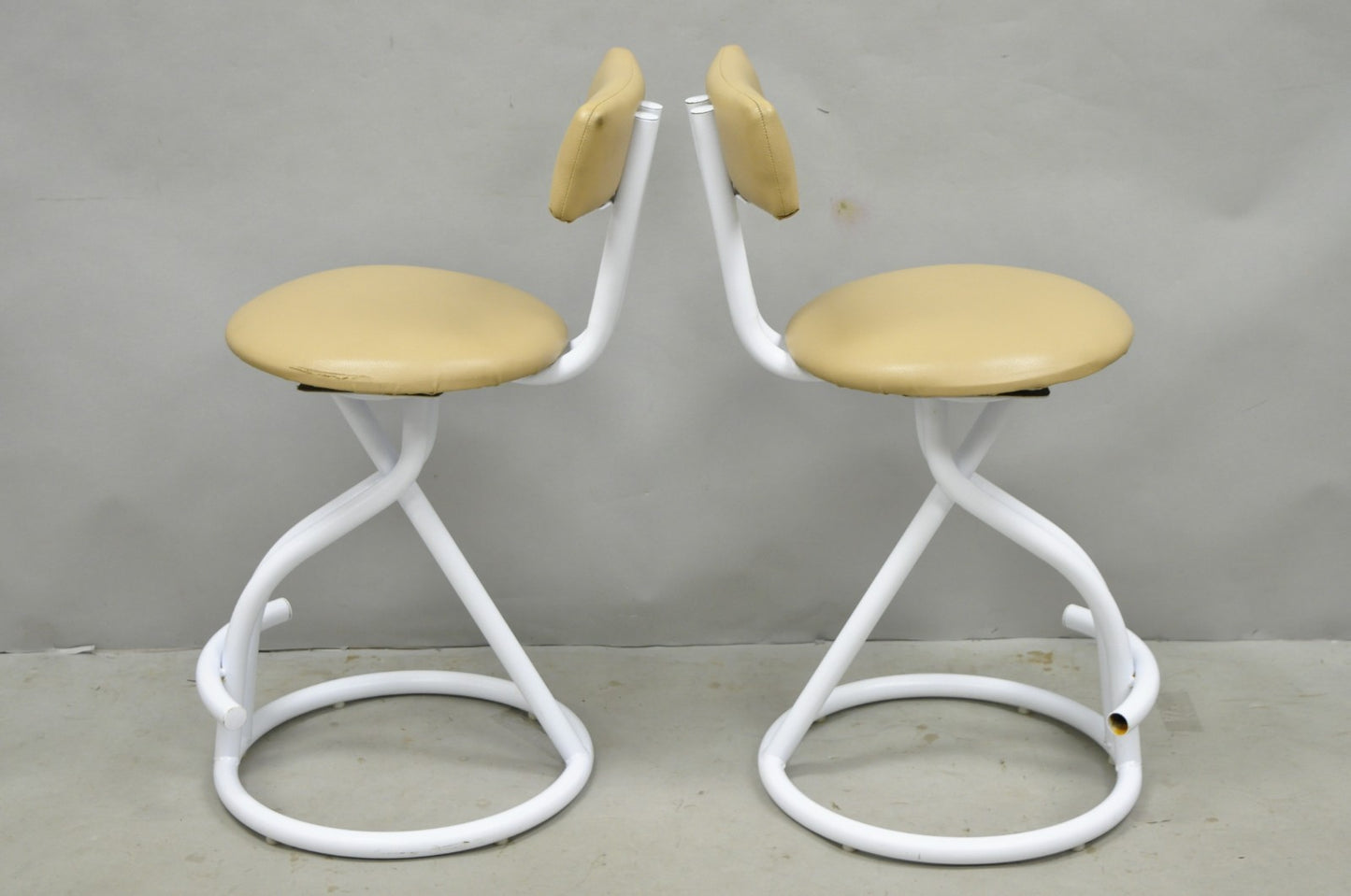 Vintage Postmodern Memphis Style White Tubular Metal Swivel Bar Stools  - a Pair