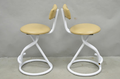 Vintage Postmodern Memphis Style White Tubular Metal Swivel Bar Stools  - a Pair