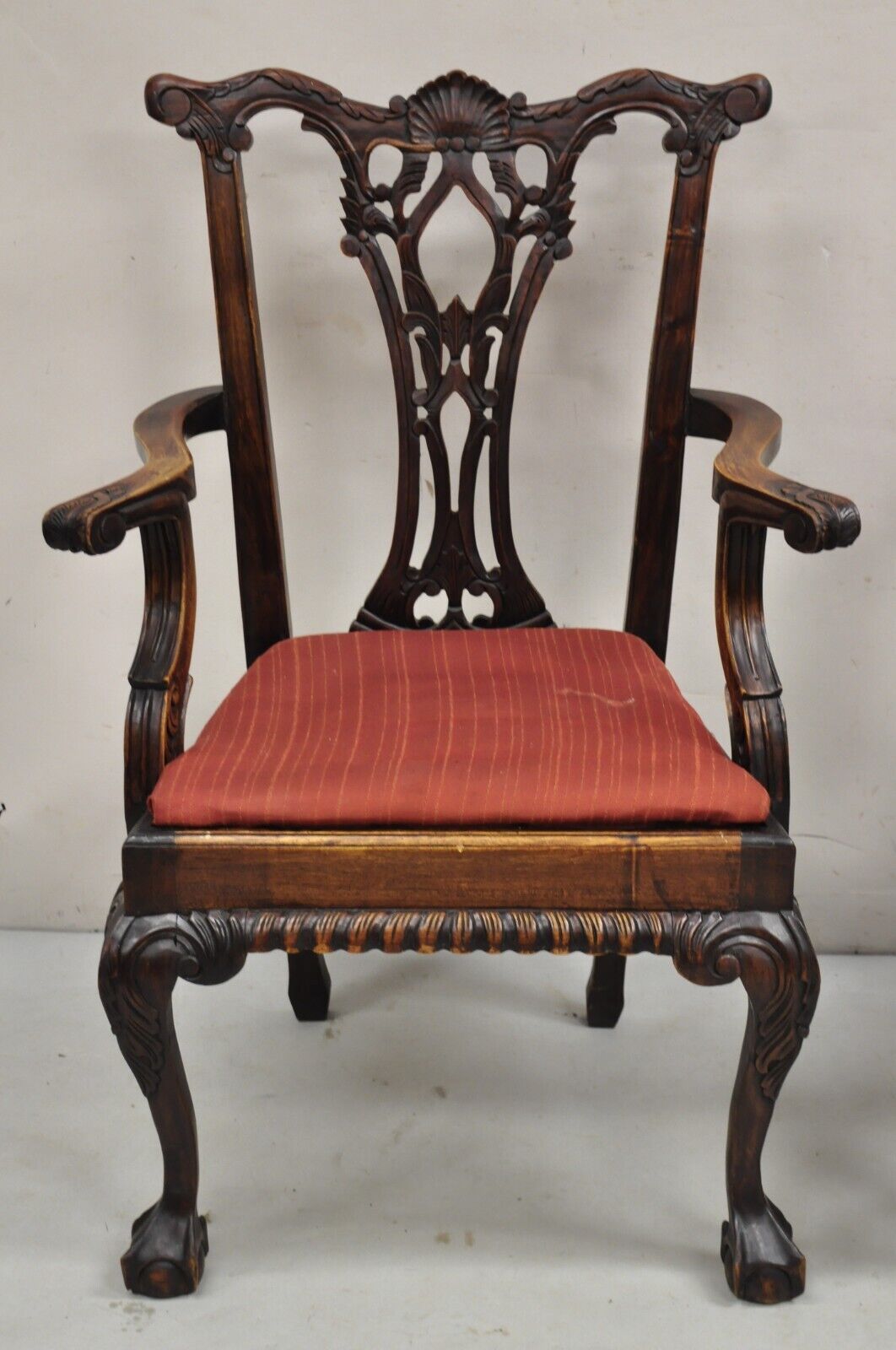 Chippendale Style Mahogany Carved Ball and Claw Dining Arm Chairs - a Pair