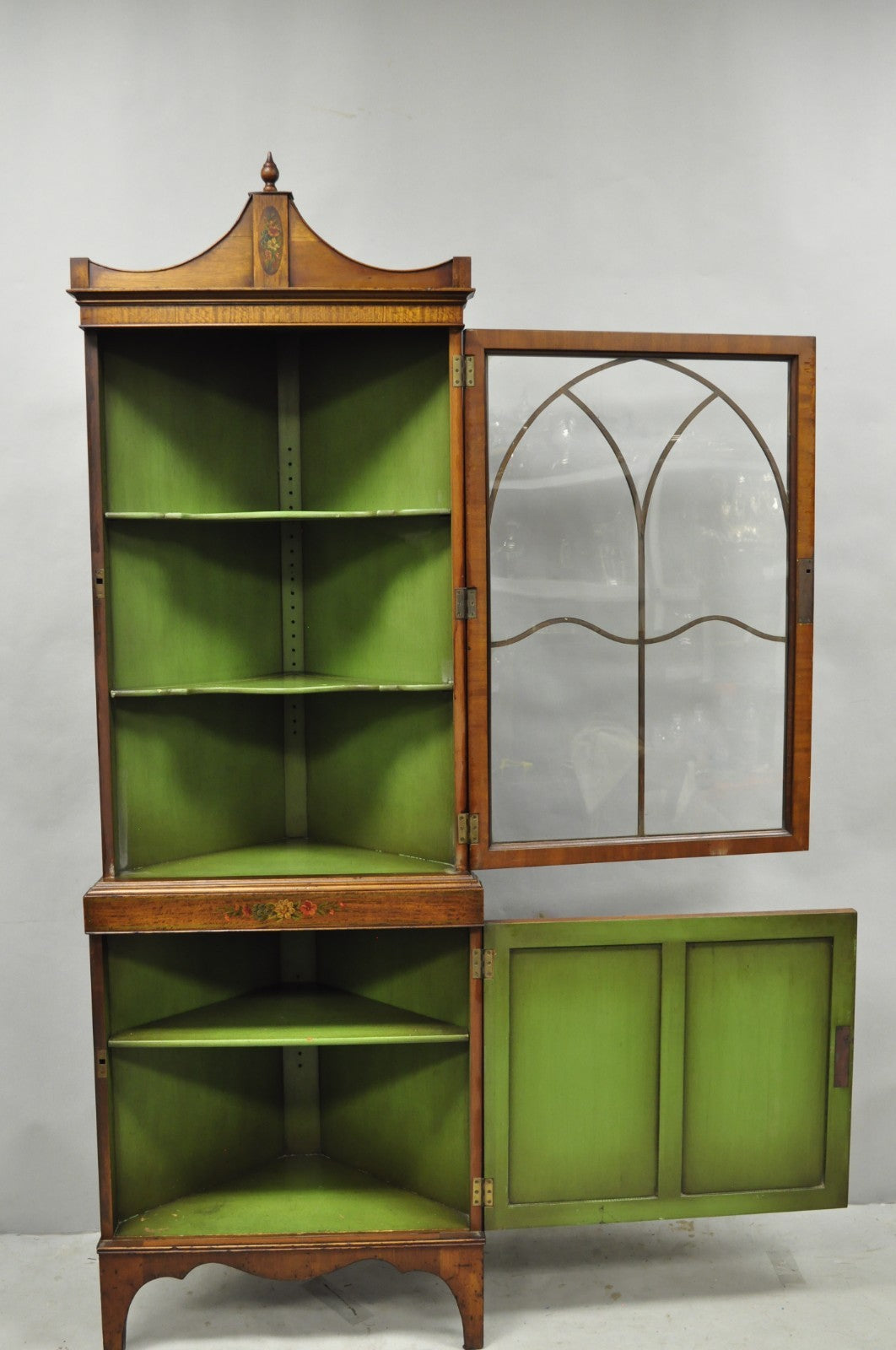 Antique English Adams Style Green Hand Painted Narrow Corner China Cabinet