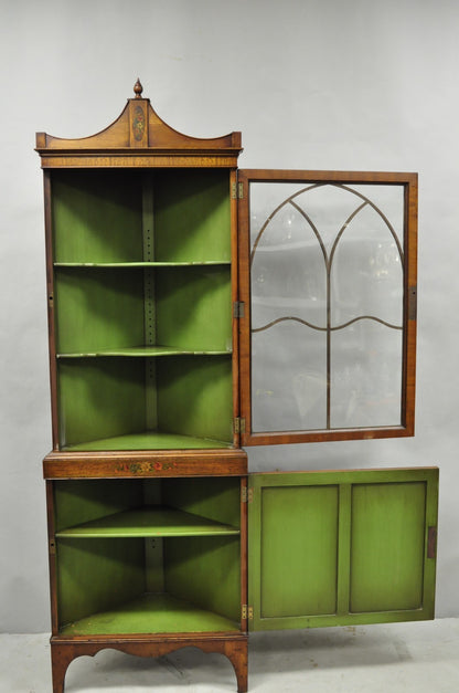 Antique English Adams Style Green Hand Painted Narrow Corner China Cabinet