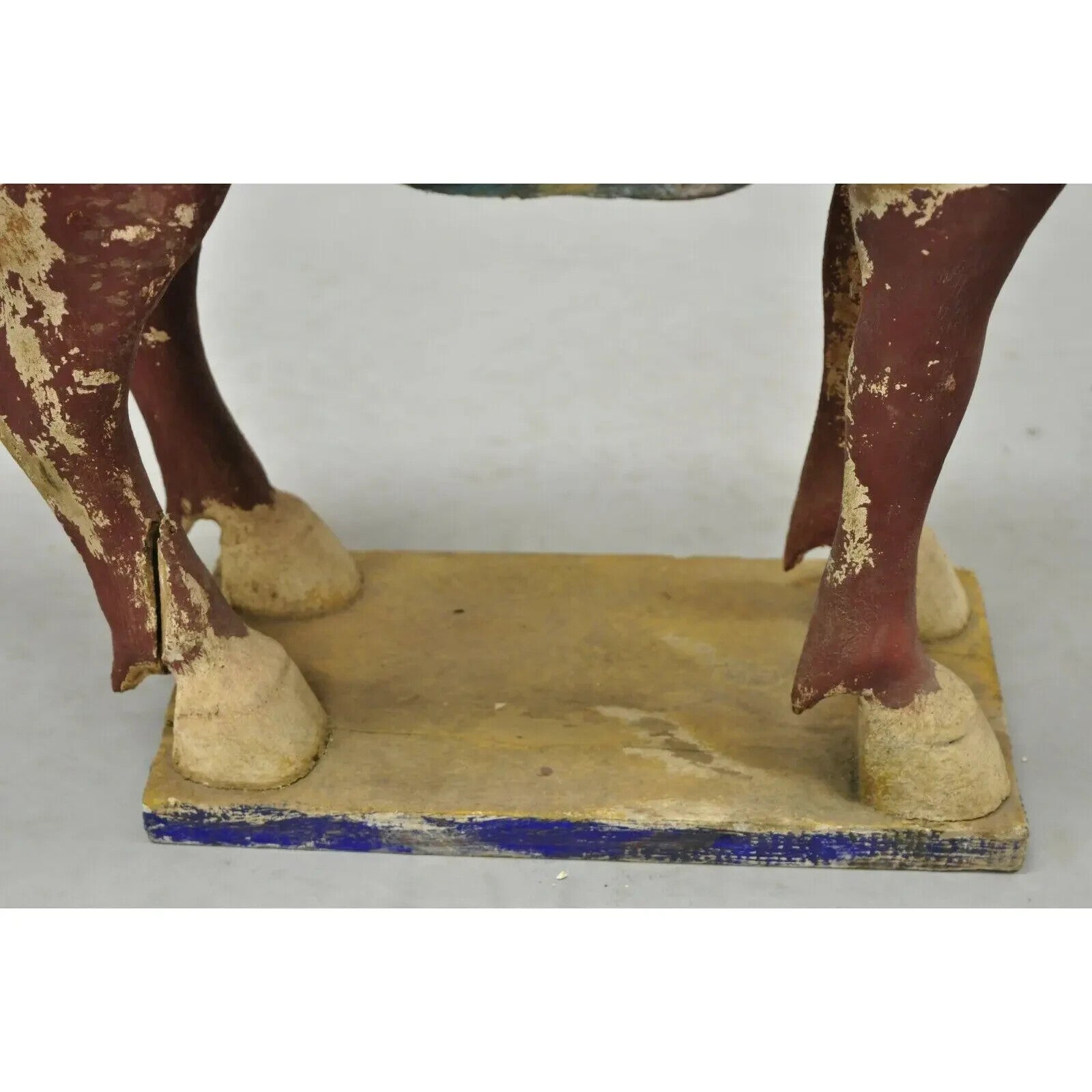 Chinese Polychrome Wooden Carved Wood 28" Tang Horse Sculpture Statue Red Blue