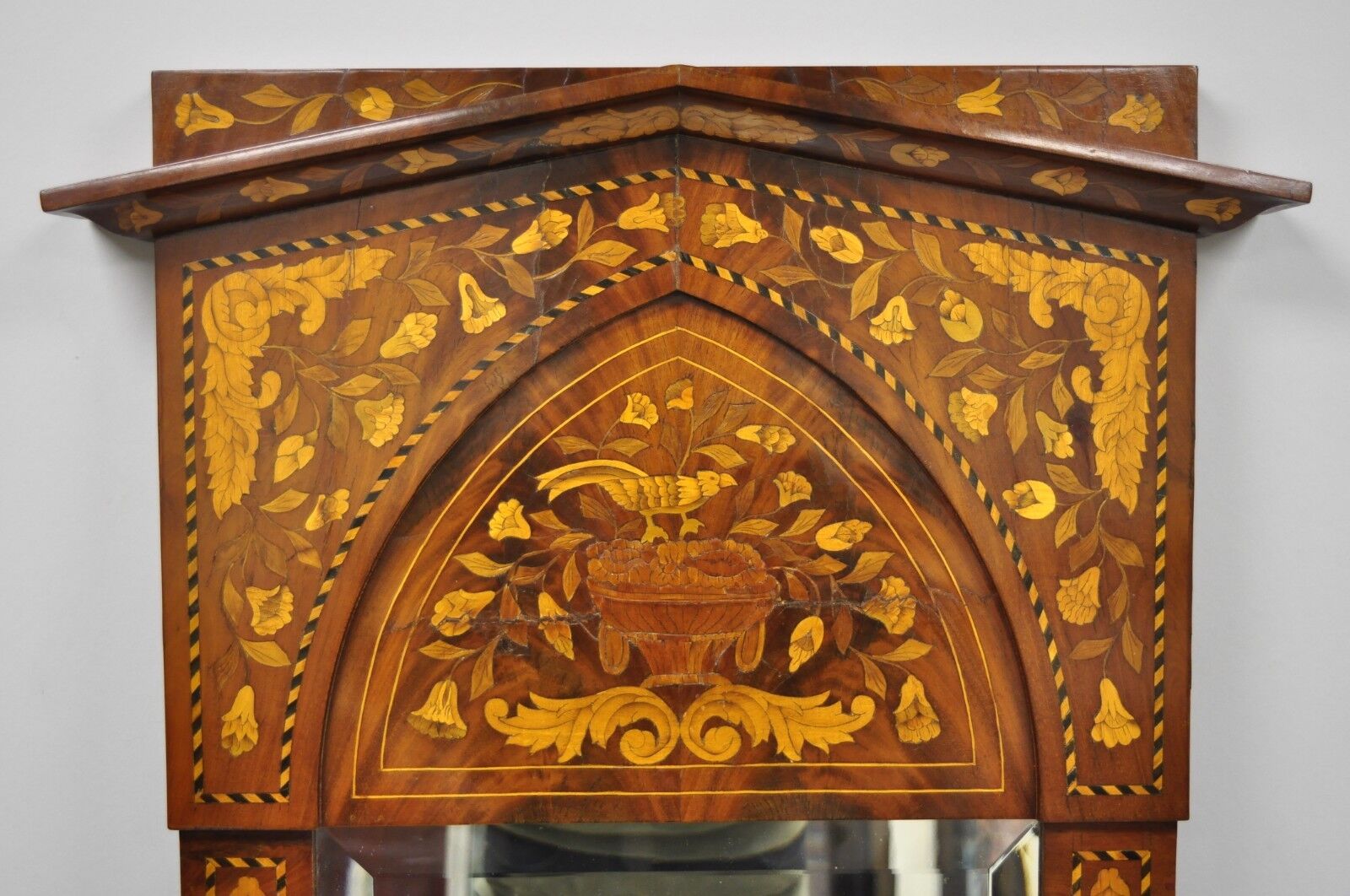 19th Century Satinwood Dutch Marquetry Inlaid Beveled Glass Console Wall Mirror