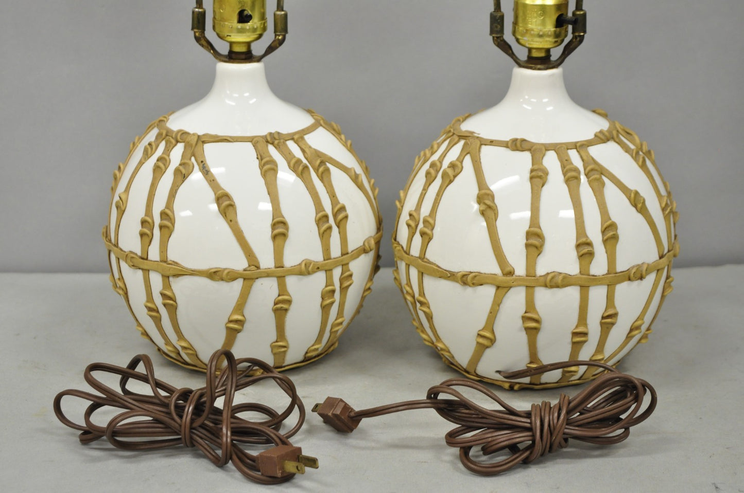Vintage Hollywood Regency Small Bulbous Ceramic Faux Bamboo Table Lamps - a Pair