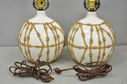 Vintage Hollywood Regency Small Bulbous Ceramic Faux Bamboo Table Lamps - a Pair