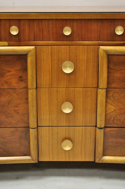 Mid Century Modern Art Deco Walnut Long Dresser Credenza w Mirror by Joerns Bros
