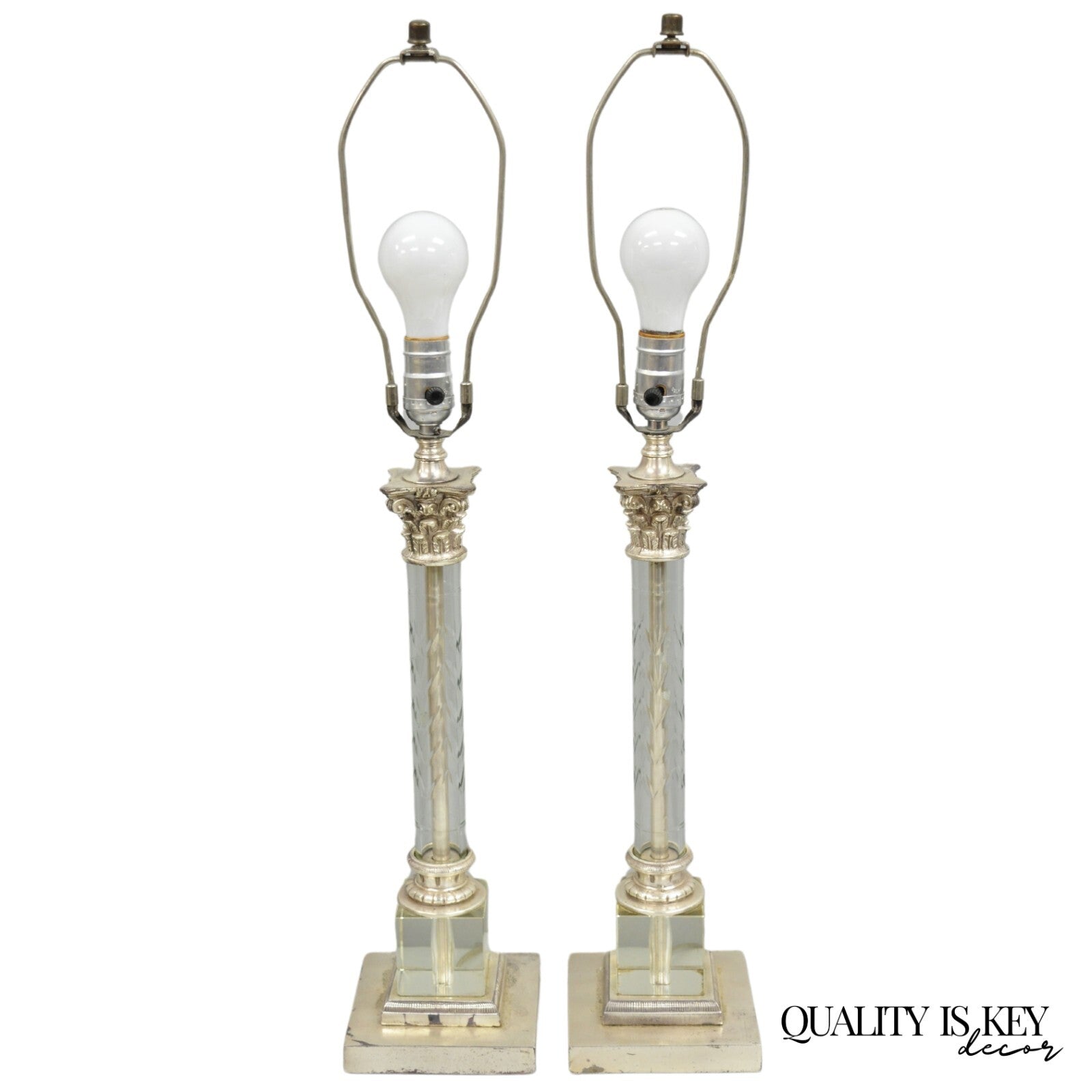 Antique French Empire Nickel Silver Glass Corinthian Column Table Lamps - a Pair