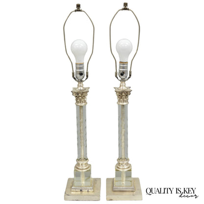 Antique French Empire Nickel Silver Glass Corinthian Column Table Lamps - a Pair