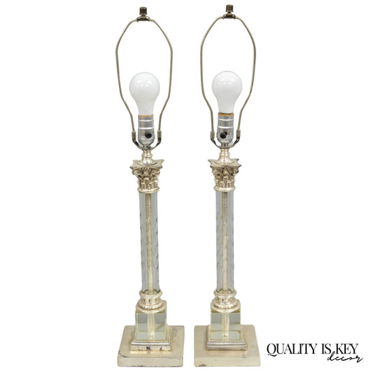 Antique French Empire Nickel Silver Glass Corinthian Column Table Lamps - a Pair
