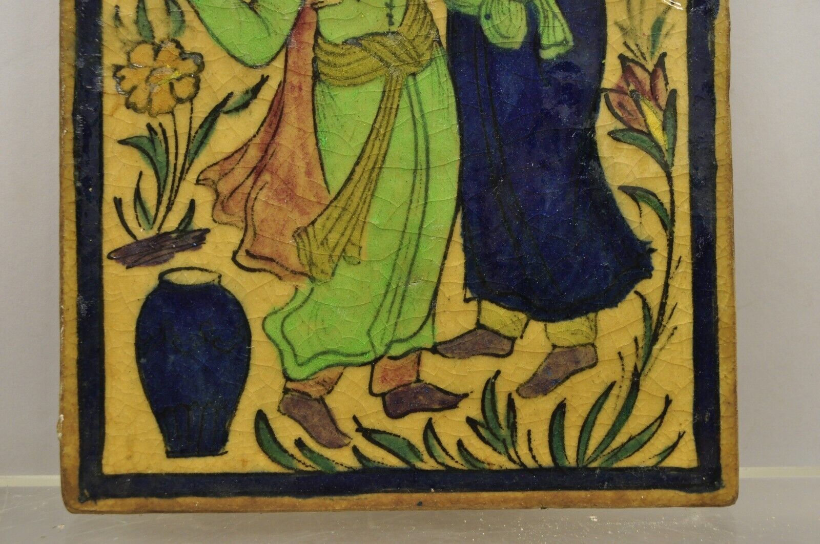 Antique Persian Iznik Qajar Style Ceramic Pottery Tile Blue Man Woman Kissing C2