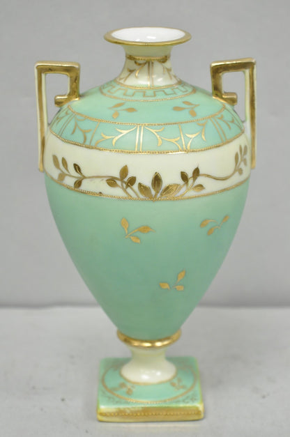 Antique Nippon Porcelain Hand Painted Windmill Scene Green Small Bolted Vase (B)