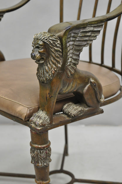 Vintage Egyptian Revival Lion Sphinx Wrought Iron Regency Style Arm Chair