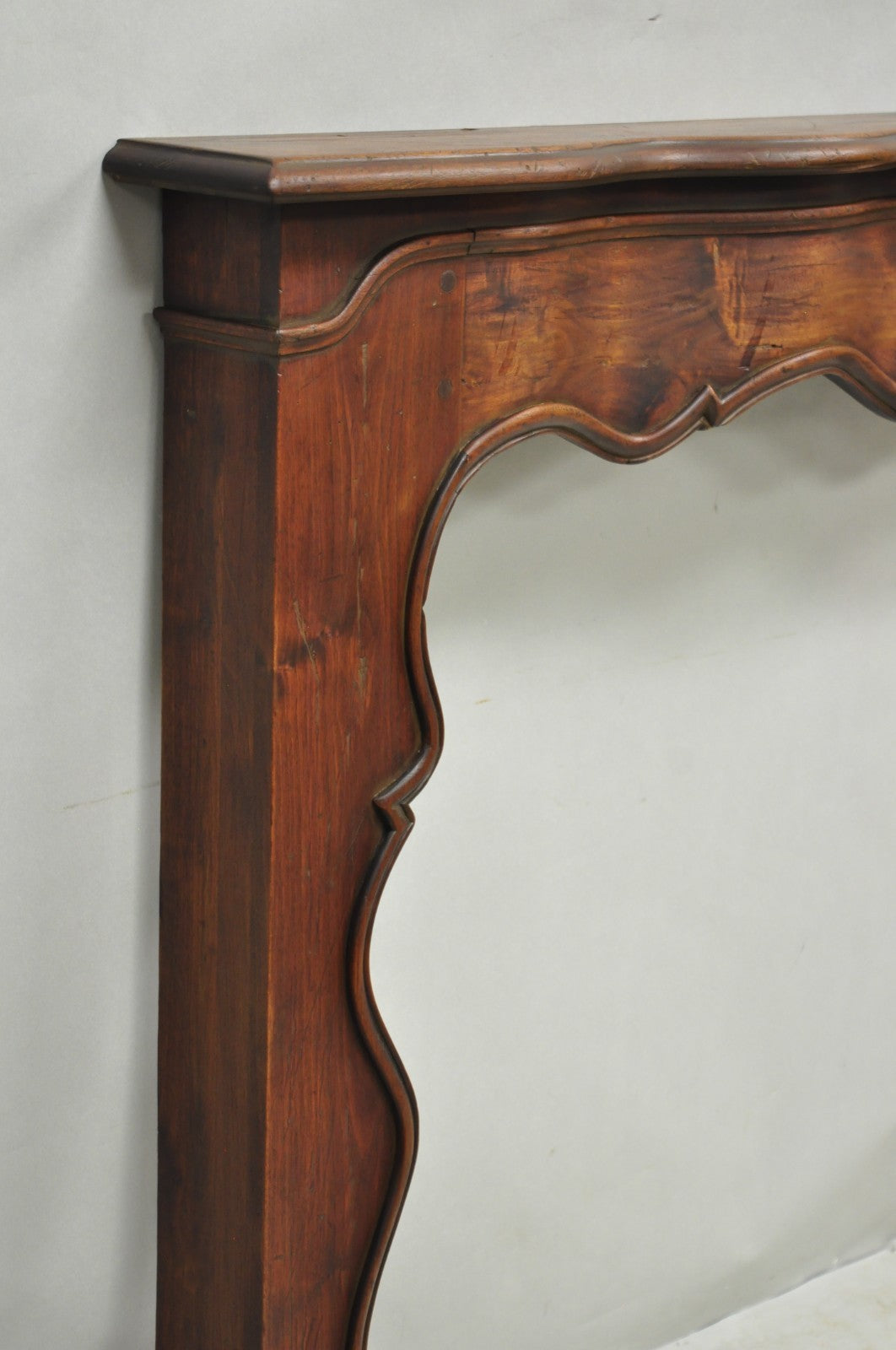 Antique Italian Provincial Carved Serpentine Scalloped Walnut Fireplace Mantel