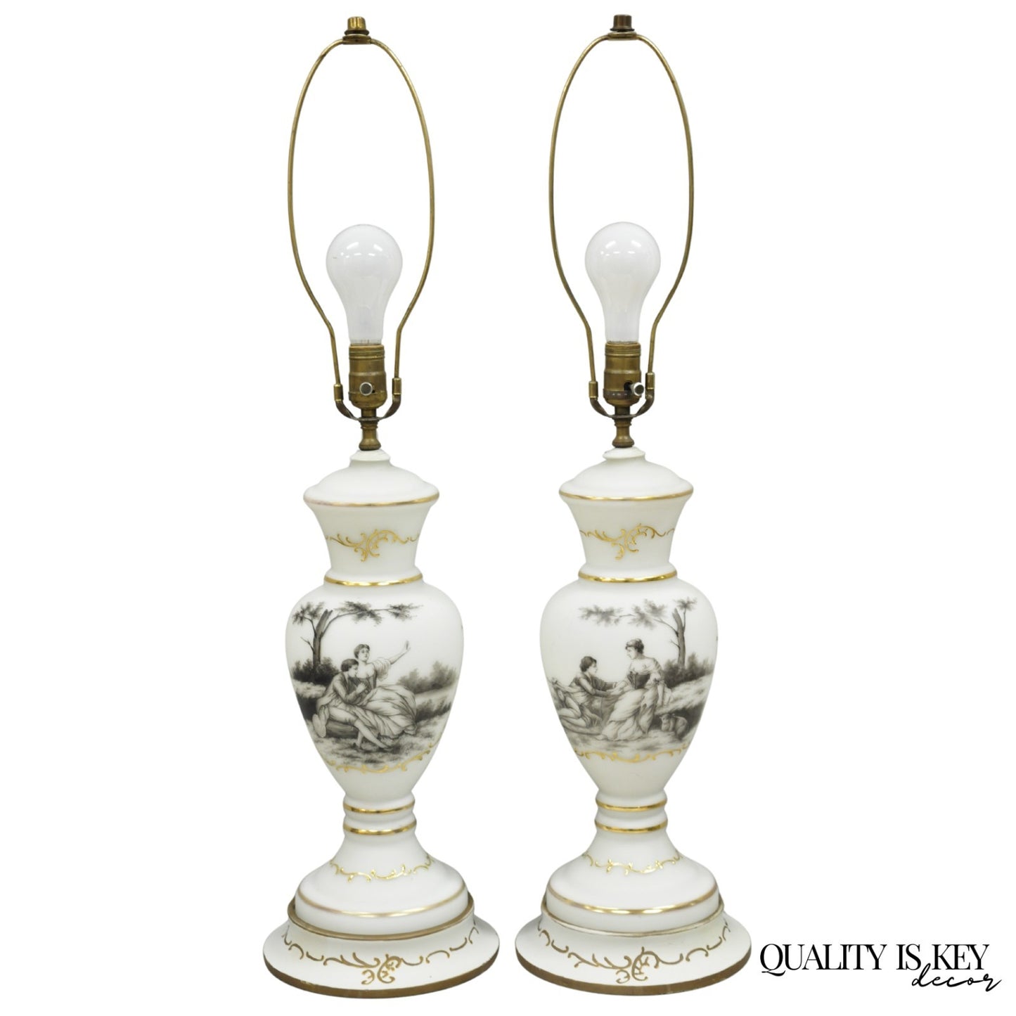 Vintage French Country Renaissance Frosted Glass Urn "Courting" Table Lamp, Pair