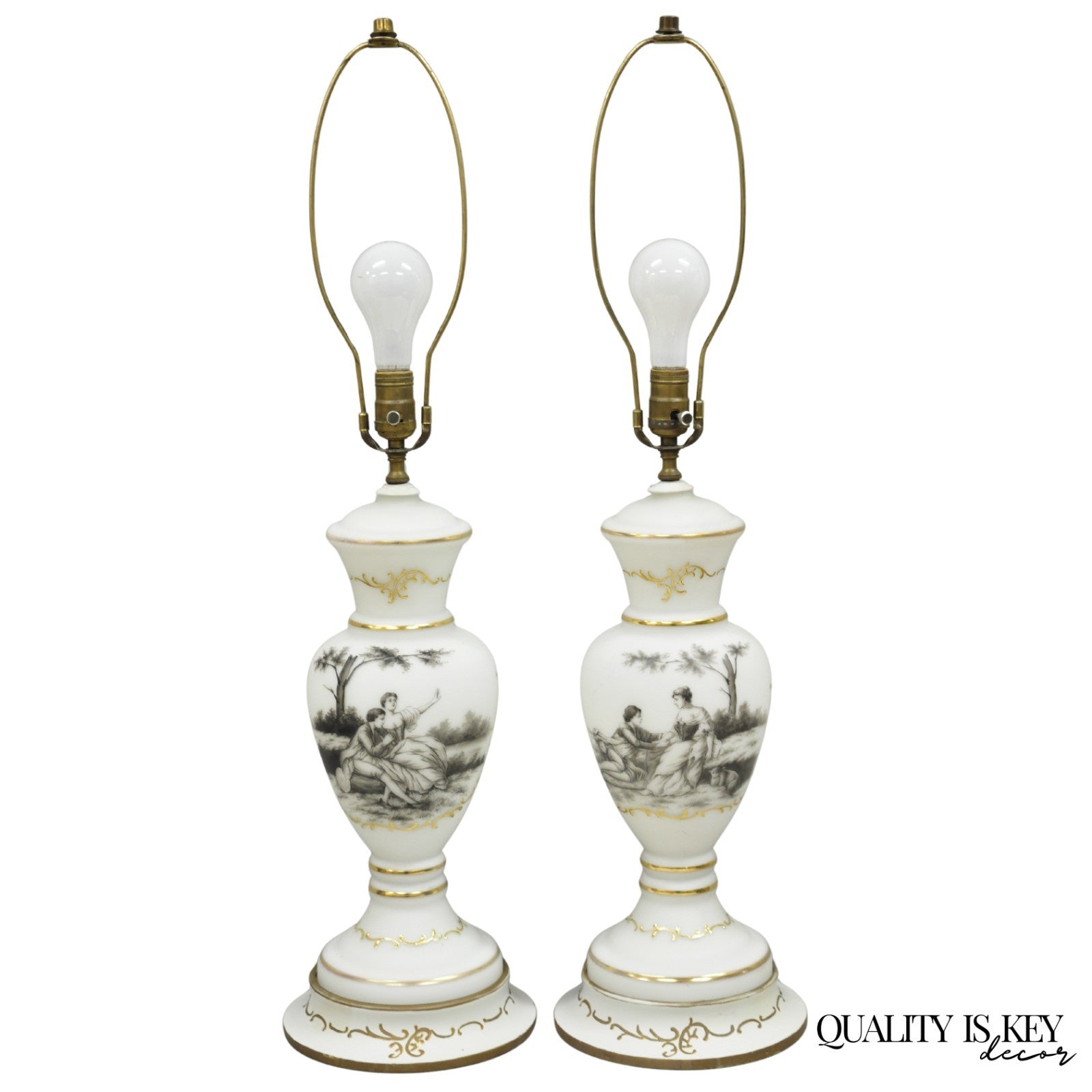Vintage French Country Renaissance Frosted Glass Urn "Courting" Table Lamp, Pair