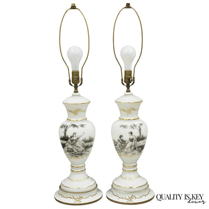 Vintage French Country Renaissance Frosted Glass Urn "Courting" Table Lamp, Pair