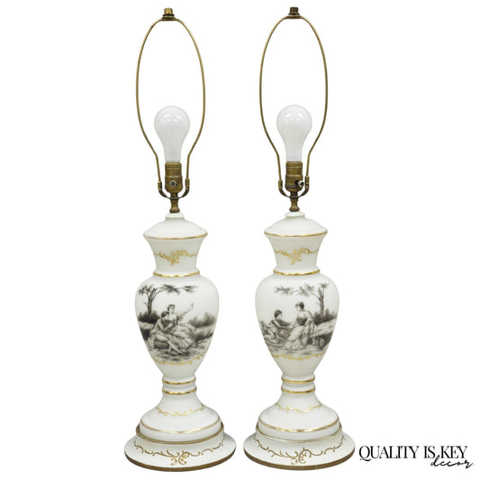 Vintage French Country Renaissance Frosted Glass Urn "Courting" Table Lamp, Pair