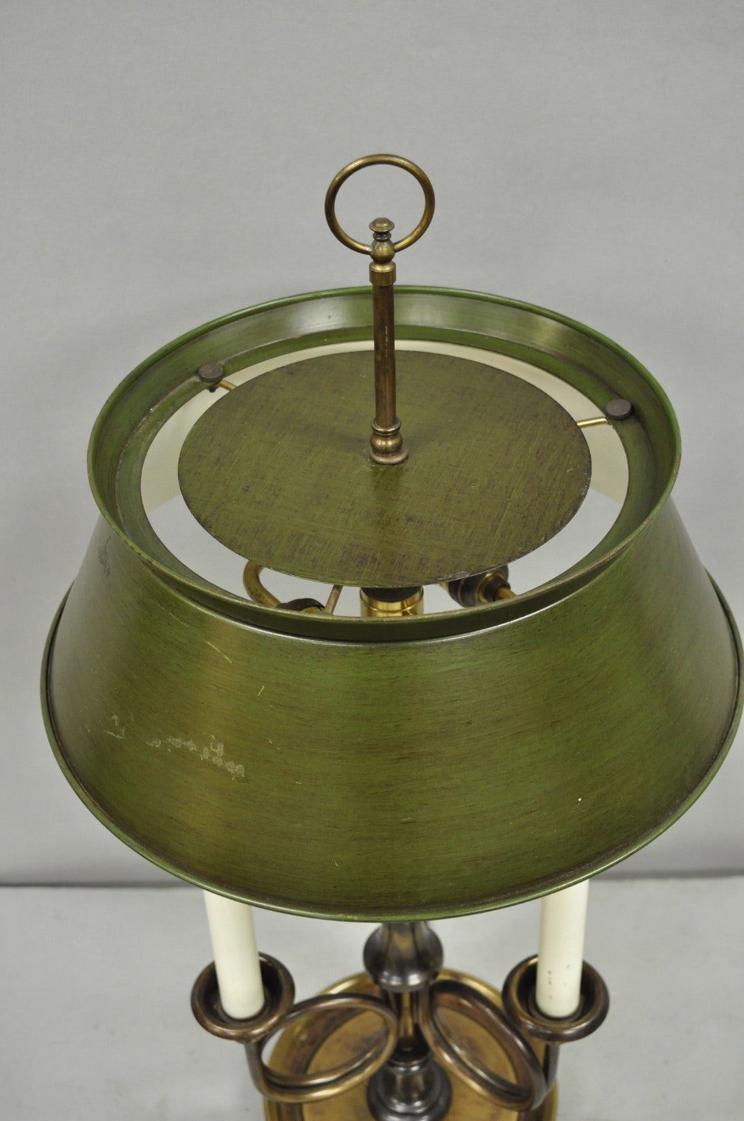 Frederick Cooper Brass Bouillotte Trumpet Arm Table Lamp w/ Green Tole Shade