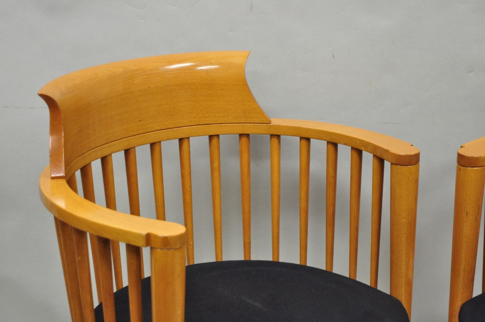 Vintage Postmodern Maple Wood Spindle Barrel Back Lounge Arm Chairs - a Pair