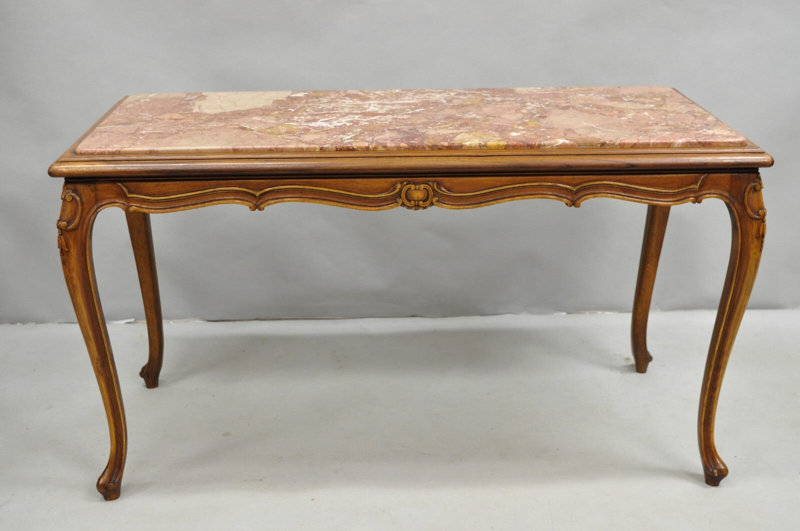 Antique French Louis XV Style Carved Walnut Rouge Marble Top Console Hall Table