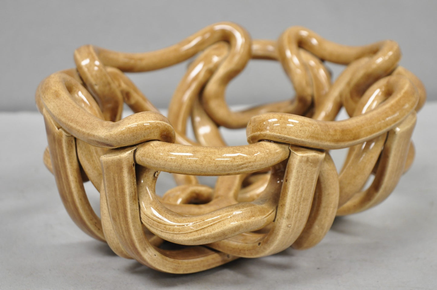 Vintage Modernist Brown Woven Pottery Clay Creations Ceramic Fruit Bowl Basket