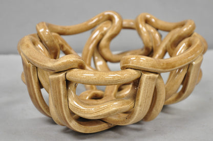 Vintage Modernist Brown Woven Pottery Clay Creations Ceramic Fruit Bowl Basket