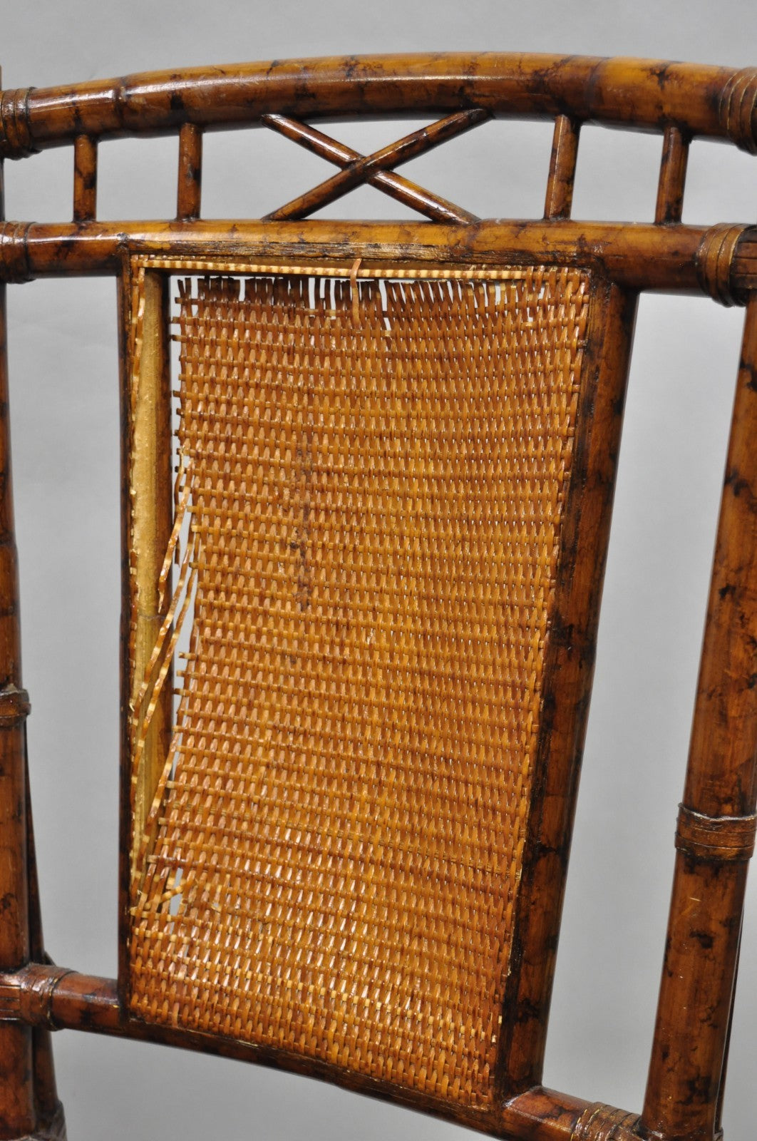 Hollywood Regency British Colonial Burnt Bamboo Cane Dining Chairs - Set of 4