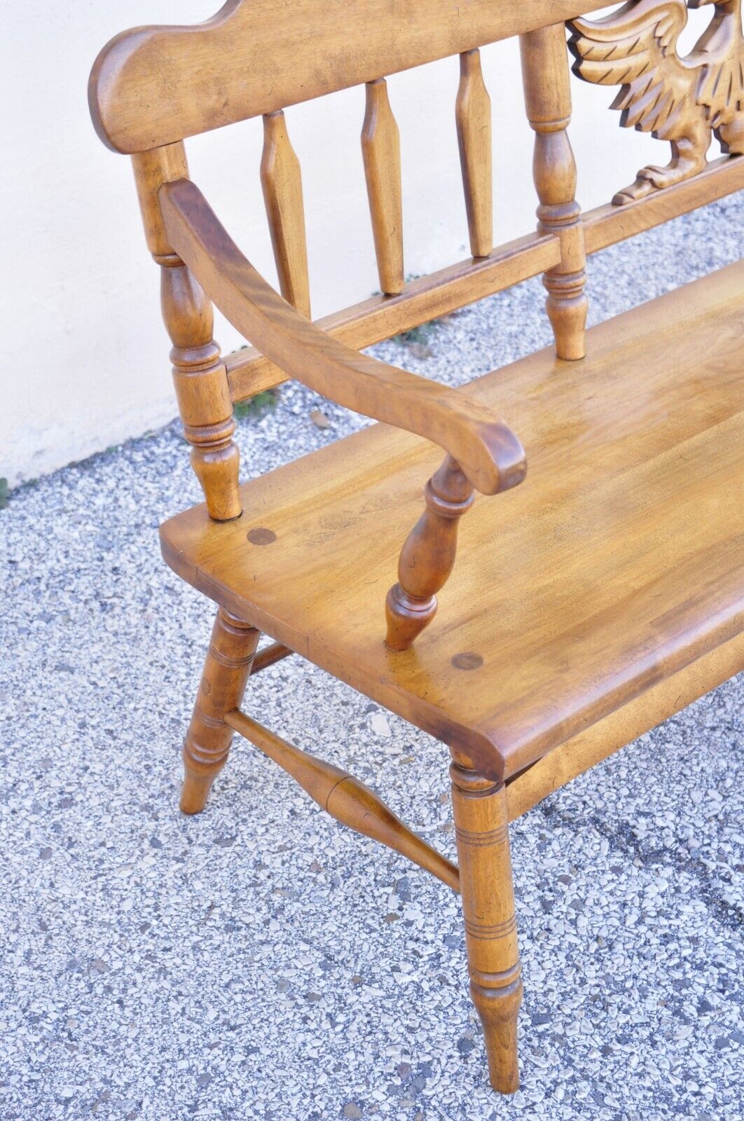 Vintage Cushman Maple Wood Settee Bench Carved Eagle Back Deacons Bench