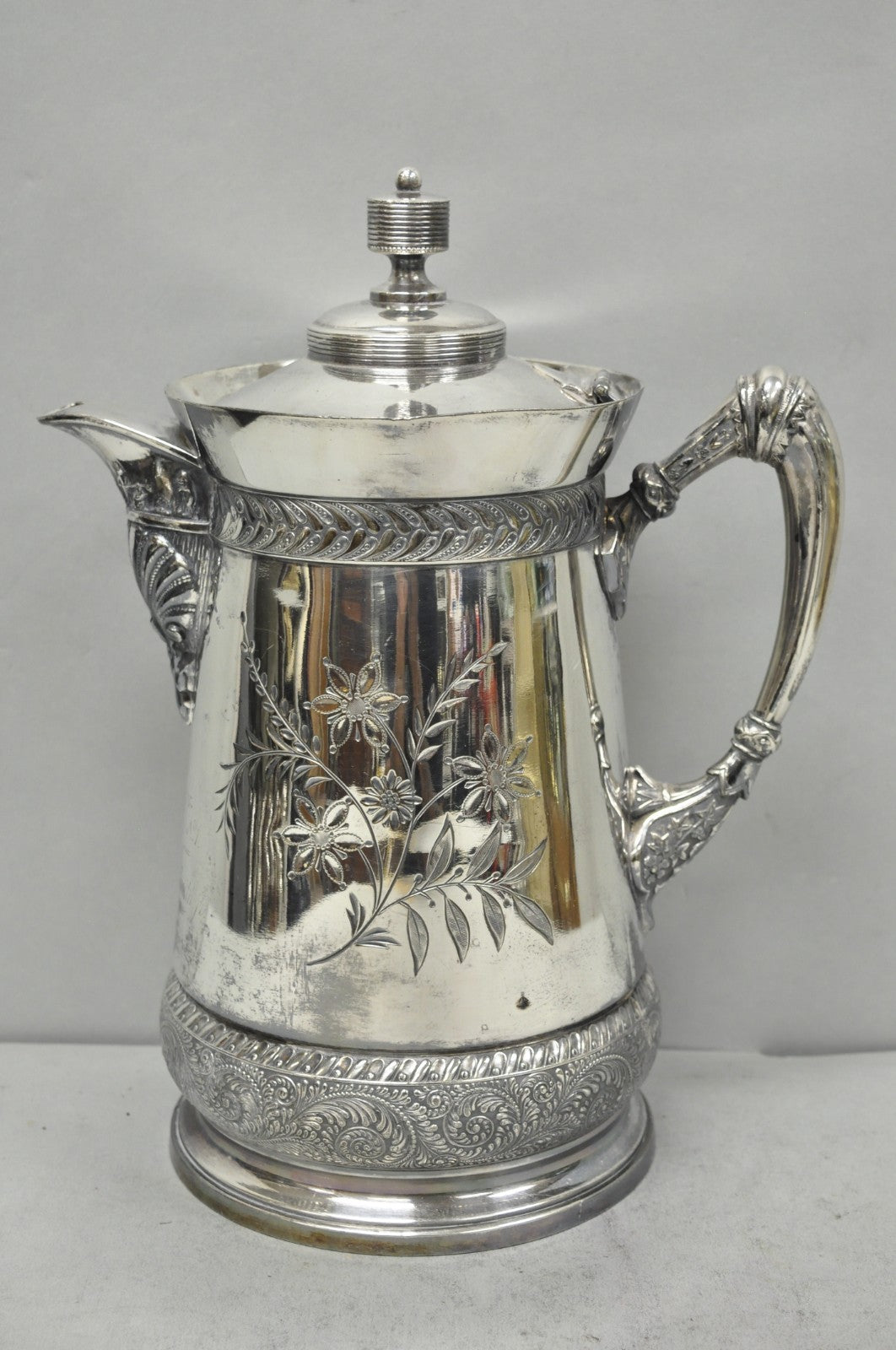 Antique Meriden Victorian Lrg Silver Plated Floral Etched Pitcher, Engraved 1892