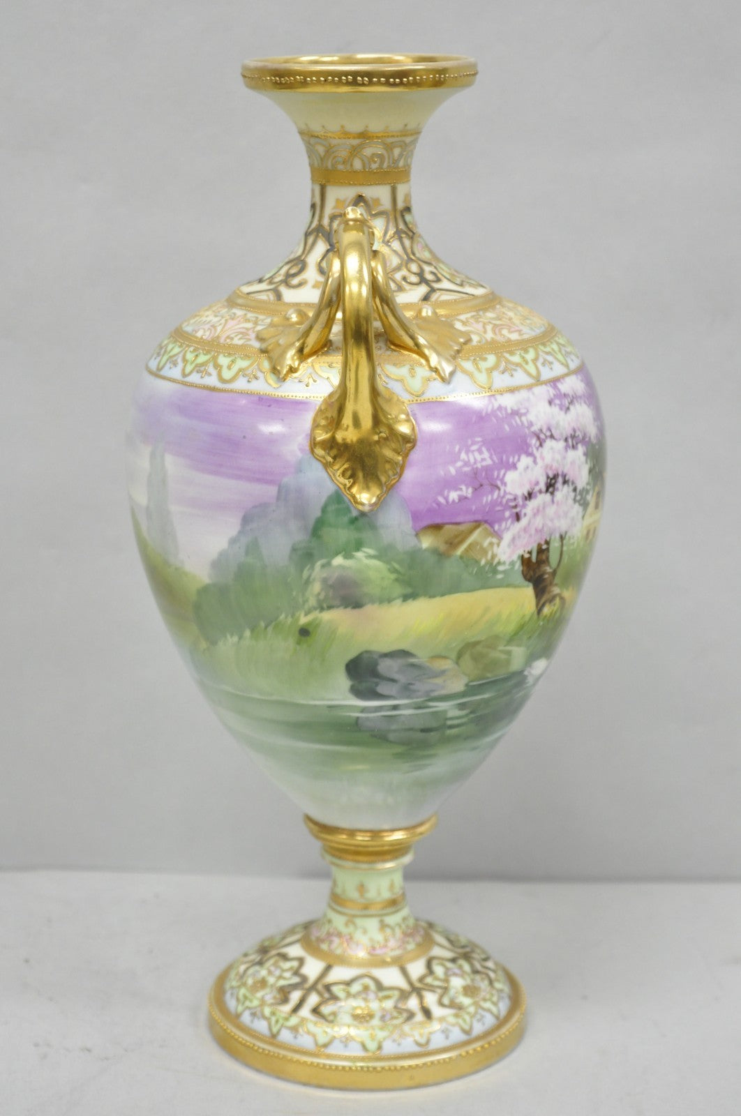 Antique Nippon Hand Painted Cottage Lake Porcelain Twin Handle Bolted Urn Vase