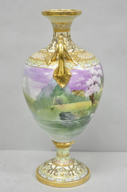 Antique Nippon Hand Painted Cottage Lake Porcelain Twin Handle Bolted Urn Vase