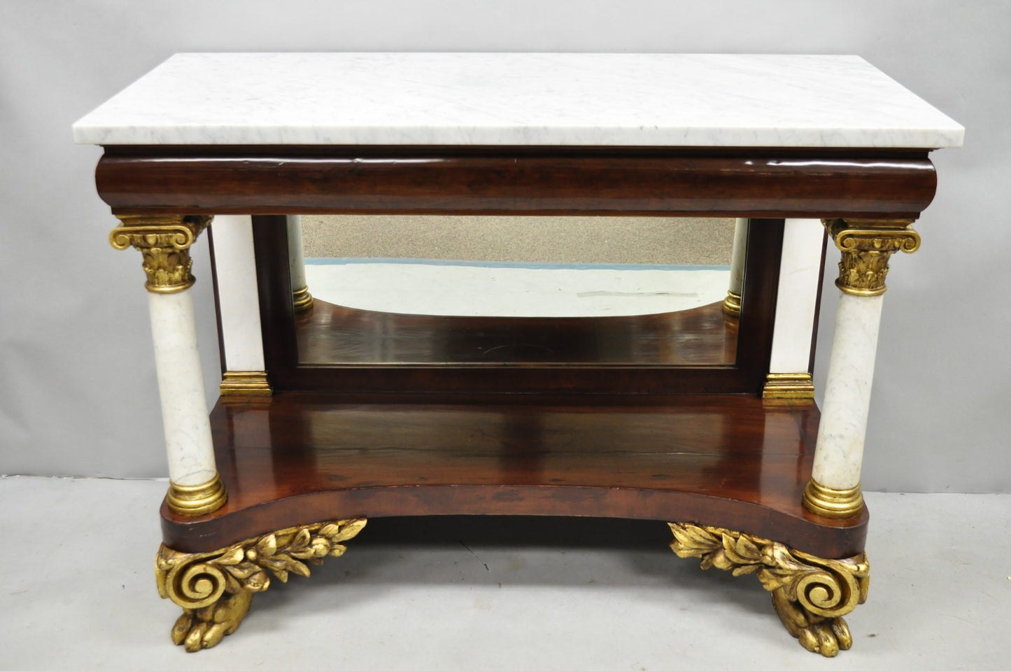 Antique American New York Classical Marble Top Mahogany Console Pier Table