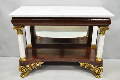 Antique American New York Classical Marble Top Mahogany Console Pier Table